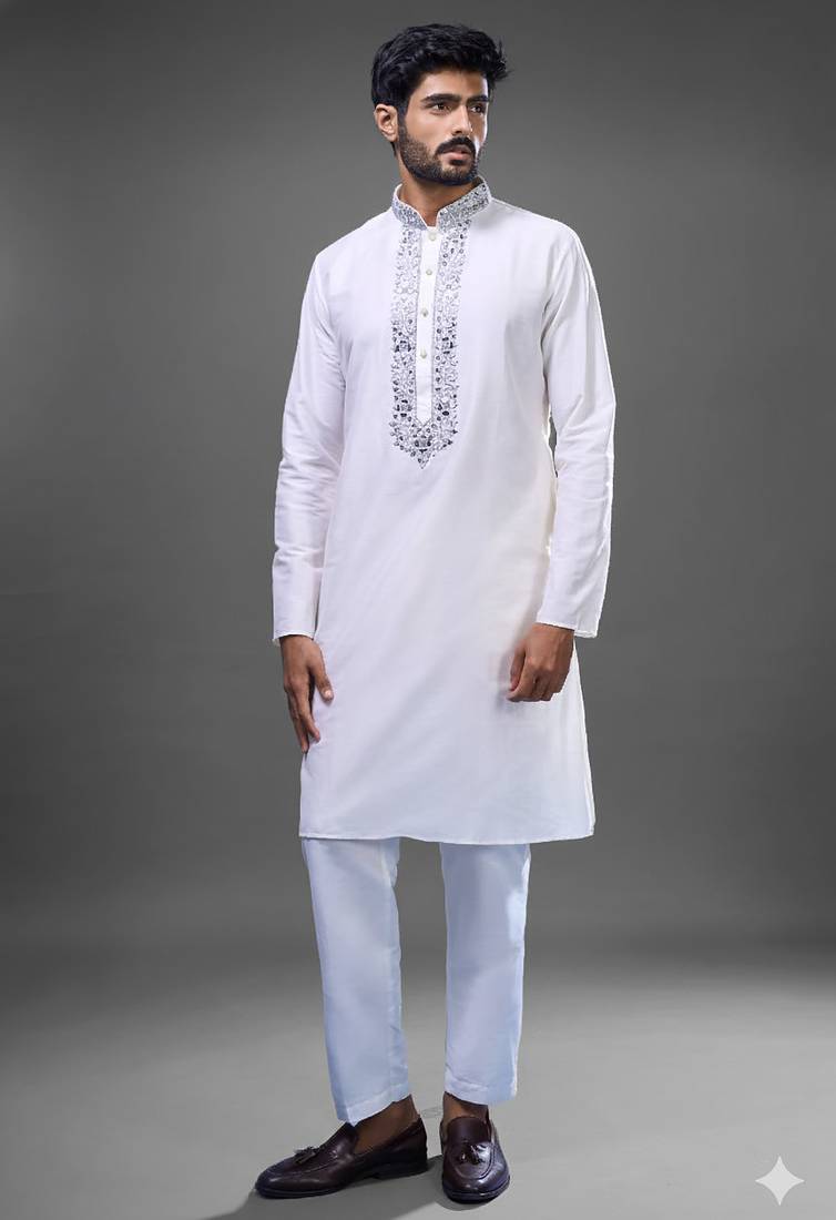 off white mirror work kurta pant set for men