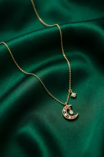 925 sterling silver gold-plated moon & star pendant necklace with crystal drop for women