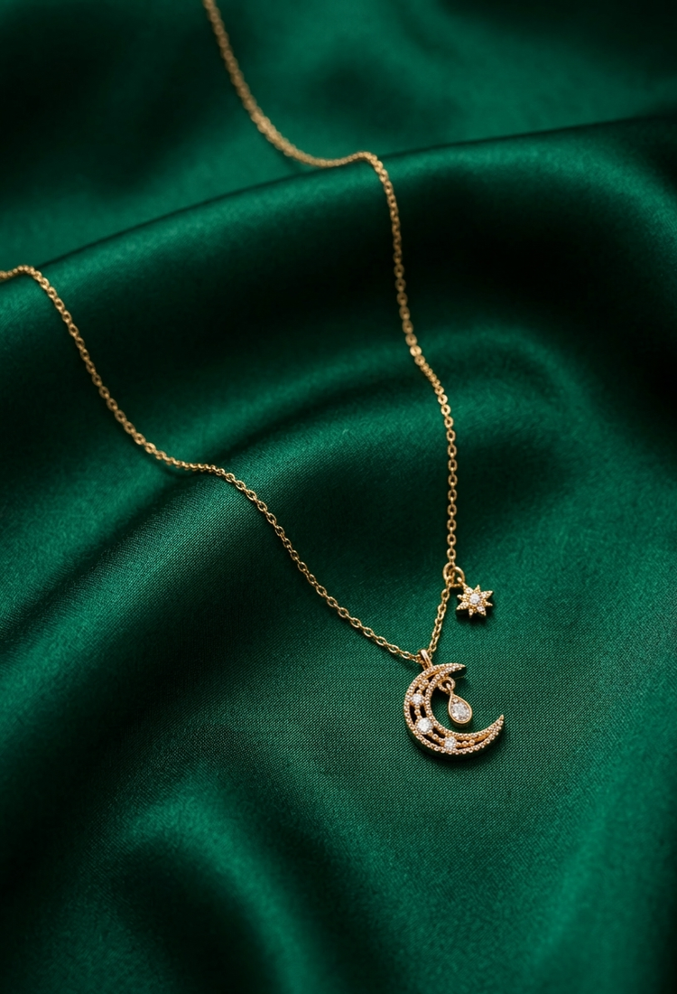 925 sterling silver gold-plated moon & star pendant necklace with crystal drop for women