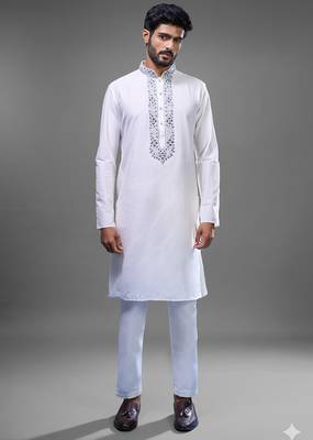 off white mirror work kurta pant set for men 3