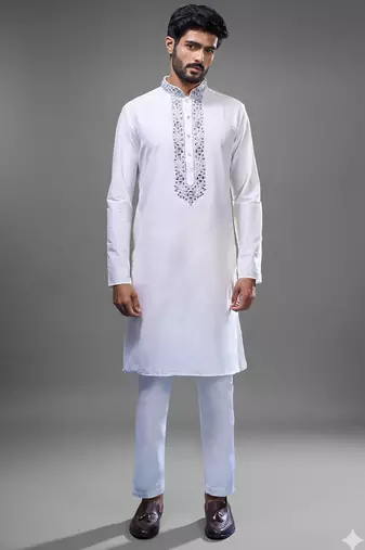 off white mirror work kurta pant set for men