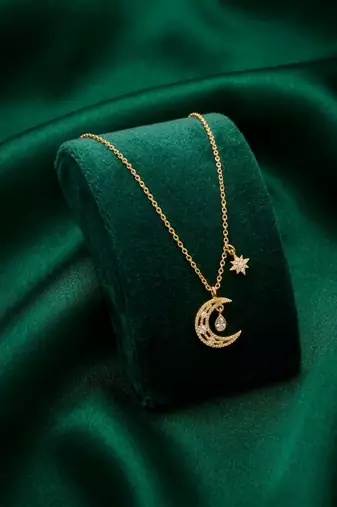 925 sterling silver gold-plated moon & star pendant necklace with crystal drop for women