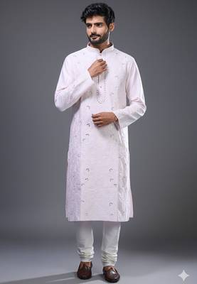 pastel pink embroidered silk kurta pant set 1