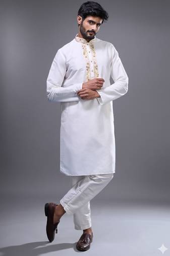 off white embroidered kurta pant set for men