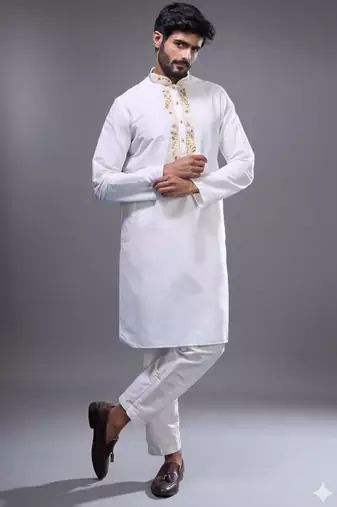 off white embroidered kurta pant set for men