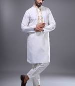 off white embroidered kurta pant set for men