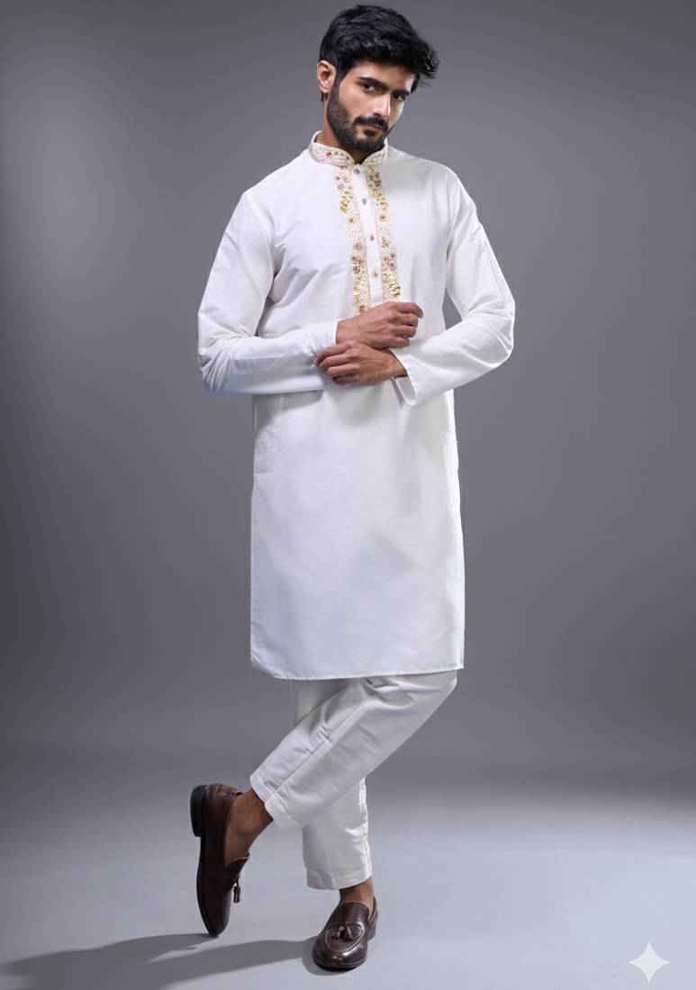 off white embroidered kurta pant set for men