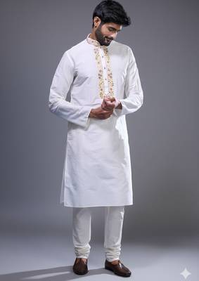 off white embroidered kurta pant set for men 2