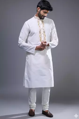 off white embroidered kurta pant set for men