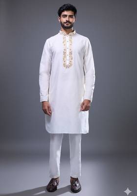 off white embroidered kurta pant set for men 3