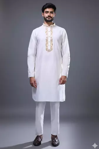 off white embroidered kurta pant set for men