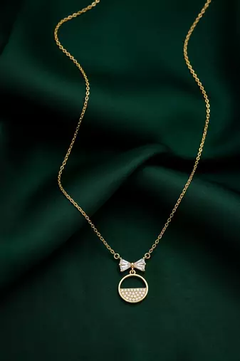 925 sterling silver gold-plated bow & circle pendant necklace with crystal detailing for women