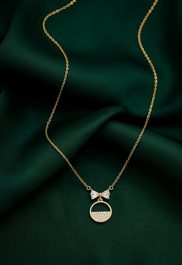 925 sterling silver gold-plated bow & circle pendant necklace with crystal detailing for women