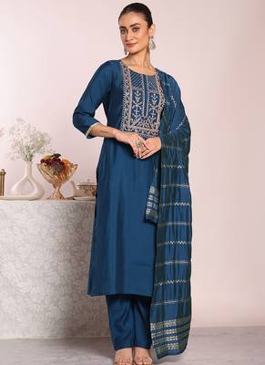 Blue art  silk embroidered suit 1