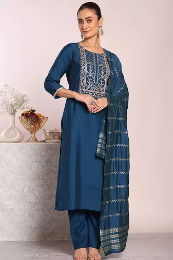 Blue art  silk embroidered suit