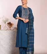Blue art  silk embroidered suit