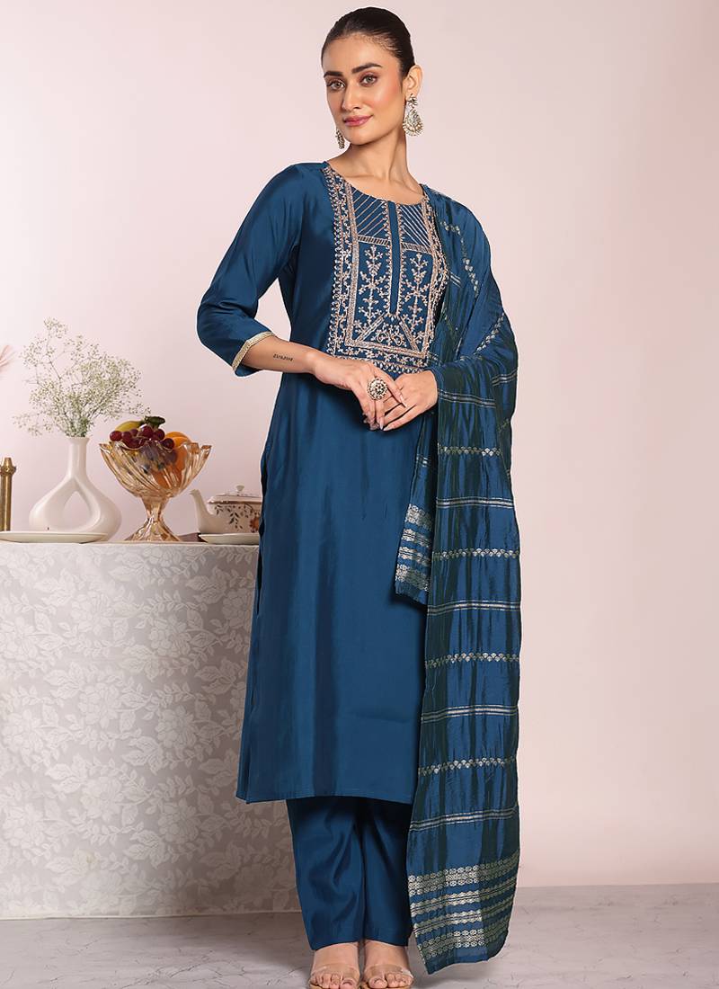 Blue art  silk embroidered suit
