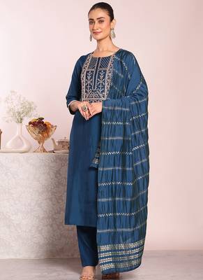 Blue art  silk embroidered suit 2