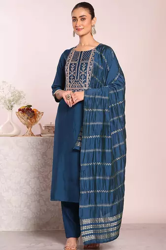 Blue art  silk embroidered suit