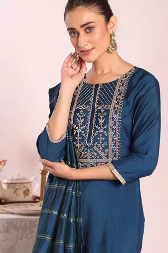 Blue art  silk embroidered suit