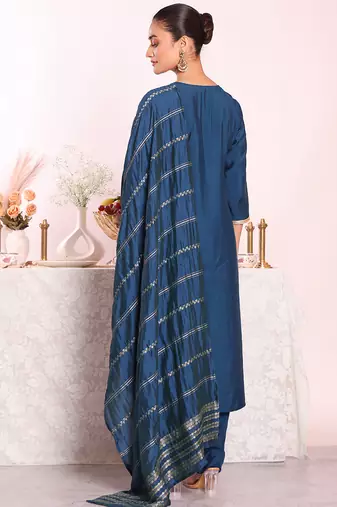 Blue art  silk embroidered suit