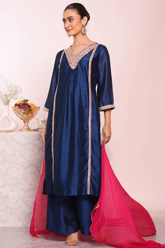 Blue art silk embroidered suit