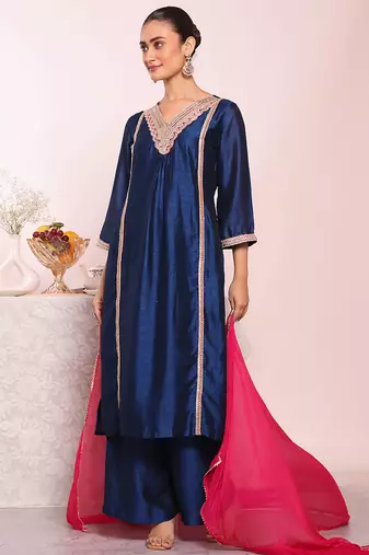 Blue art silk embroidered suit