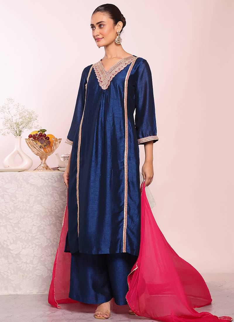 Blue art silk embroidered suit
