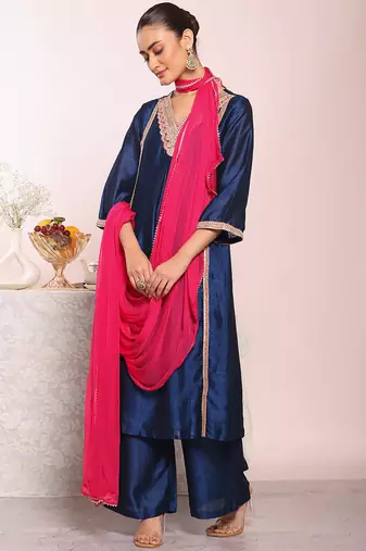 Blue art silk embroidered suit