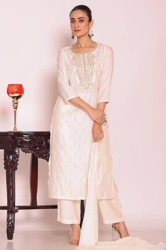 Off white art silk embroidered suit