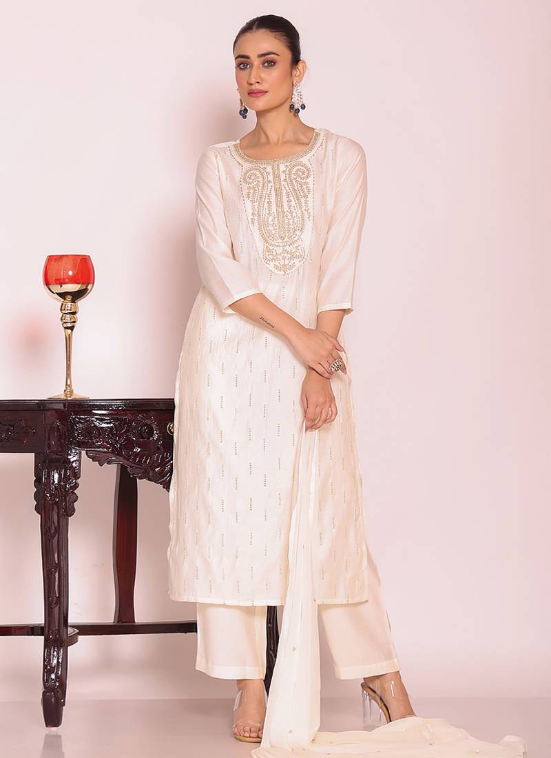 Off white art silk embroidered suit