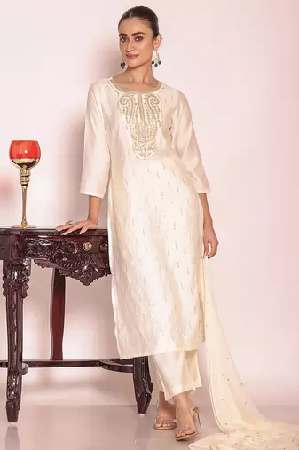 Off white art silk embroidered suit