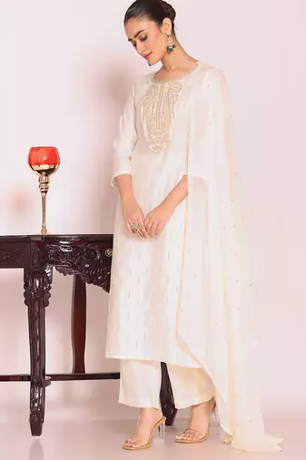 Off white art silk embroidered suit