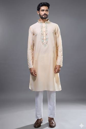 cream embroidered silk kurta pant set for men