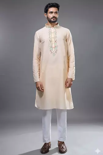 cream embroidered silk kurta pant set for men