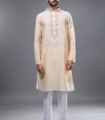 cream embroidered silk kurta pant set for men
