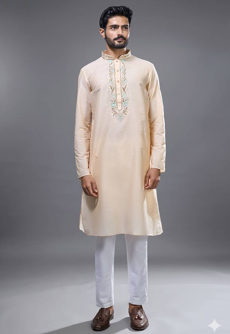 cream embroidered silk kurta pant set for men