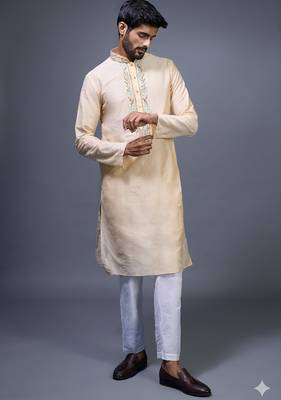 cream embroidered silk kurta pant set for men 2