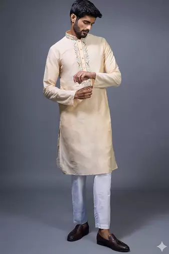 cream embroidered silk kurta pant set for men