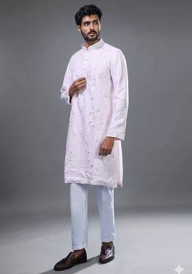 pastel pink embroidered silk kurta pant set 4