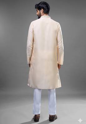 cream embroidered silk kurta pant set for men 3