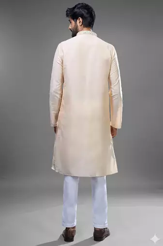 cream embroidered silk kurta pant set for men