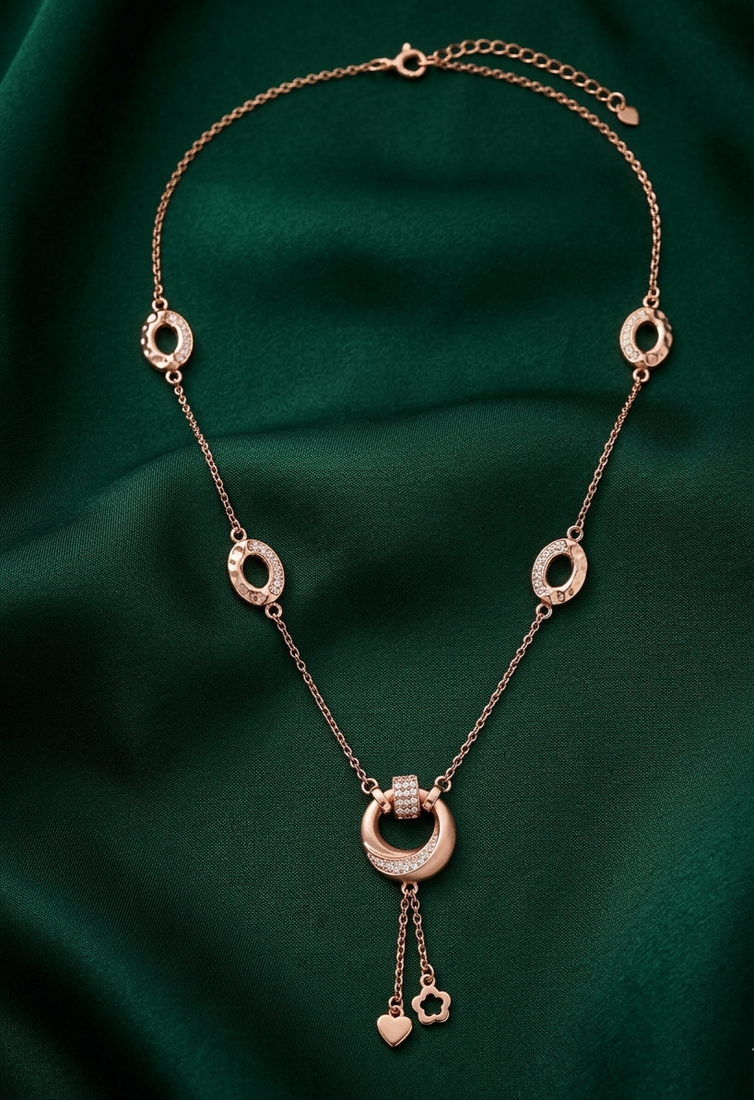 rose gold geometric link necklace in 925 sterling silver | elegant multi-charm pendant necklace for women