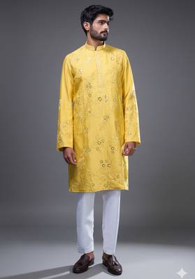 yellow mirror embroidered silk kurta pant set 1