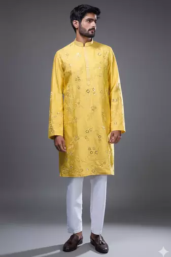 yellow mirror embroidered silk kurta pant set