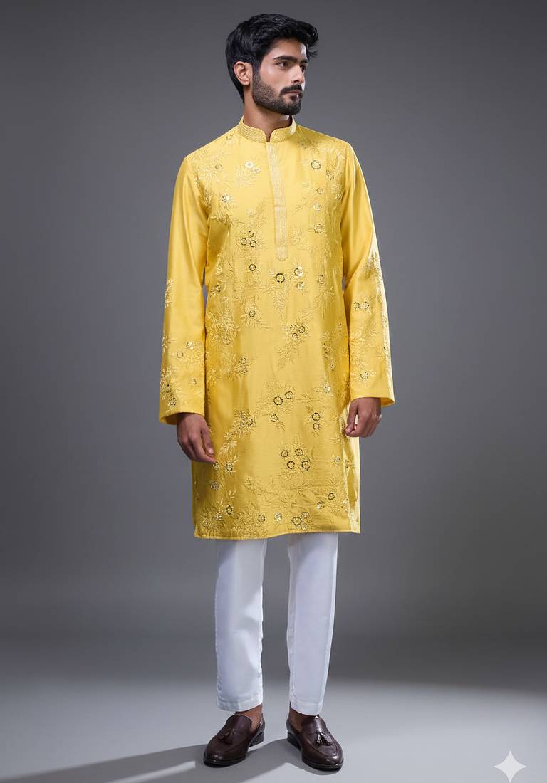 yellow mirror embroidered silk kurta pant set