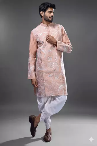 peach allover embroidered kurta patiala set for men