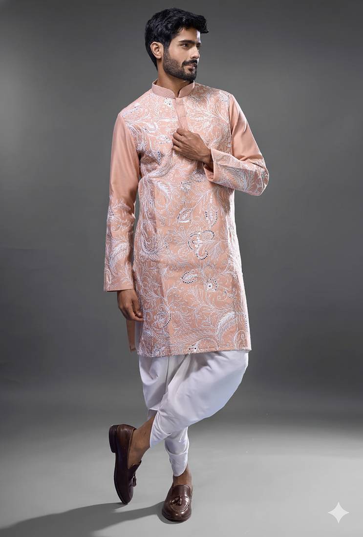 peach allover embroidered kurta patiala set for men