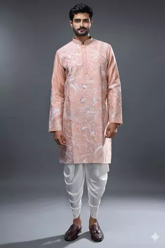 peach allover embroidered kurta patiala set for men
