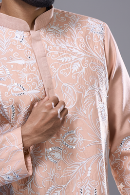 peach allover embroidered kurta patiala set for men 3